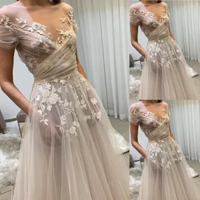Champagner Boho Brautkleider Strand Schulterfrei Seitentaschen