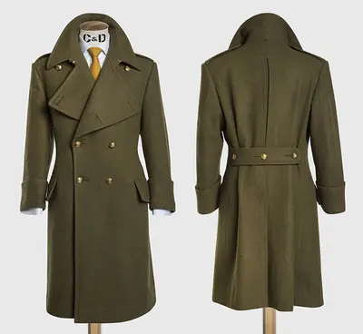 Armeegrün Wolle Herren Langer Mantel Zweireiher Weites Revers Outdoor Warm Coat