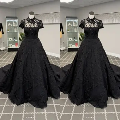 Gothic Brautkleider hochgeschlossen Vollspitze A Linie Sweep Schleppe