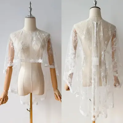 Brautkleid Cape weiß elfenbein Spitze Applikationen Hochzeit Braut Blumen Wickel