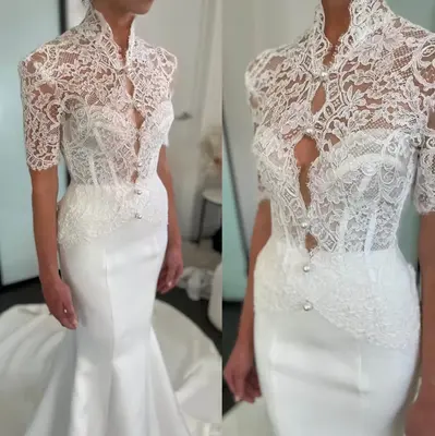 Anmutiges Hochzeit Cape Spitze Applikationen Braut Jacke kurz ärmellos Perlen