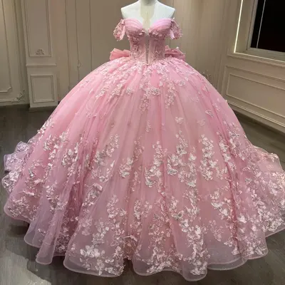 Rosa Quinceanera Kleider Schulterfrei 3D Schmetterling Süß 15 16 Ballkleid