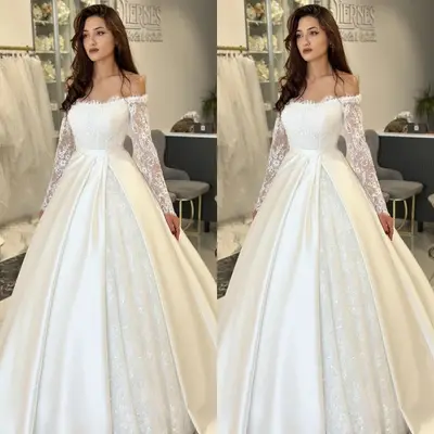 Elegante Brautkleider Schulterfrei Spitze Langarm Satin A Linie Brautkleider
