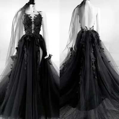 Gothic Schwarz Brautkleider Rückenfrei HighLace mit Schleier Seitenschlitz