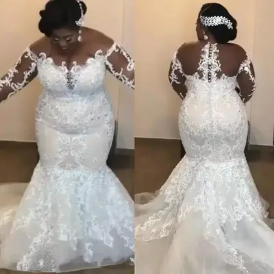 Meerjungfrau Brautkleider Langarm Afrikanische Spitze Perlen Brautkleid