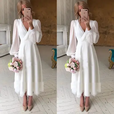 Chiffon kurze Brautkleider V-Ausschnitt Langarm wadenlang schlicht Brautkleider