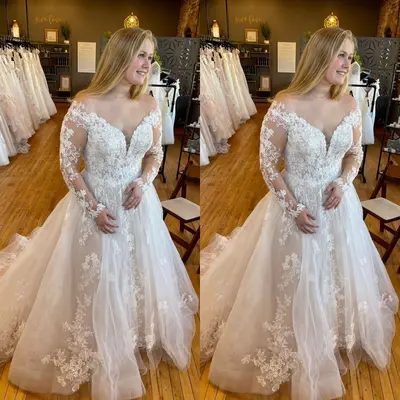 Elegantes Brautkleid Spitze Langarm V-Ausschnitt Übergröße Sweep Schleppe
