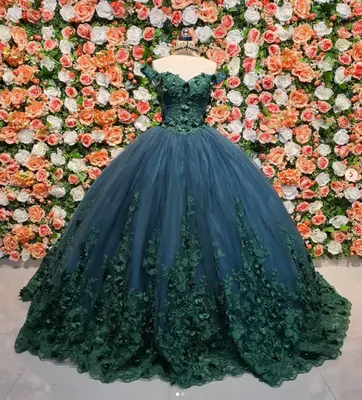 Dunkelgrün Quinceanera Kleider Schulterfrei Blumen Applikation Ballkleid