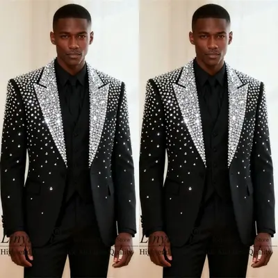 Luxus glänzend schwarz Herren Anzüge mit Strass spitzes Revers Abschlussball