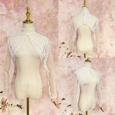 Hochzeitsjacke Perlenstickerei Langarm Braut Bolero hochgeschlossen Brautjacke