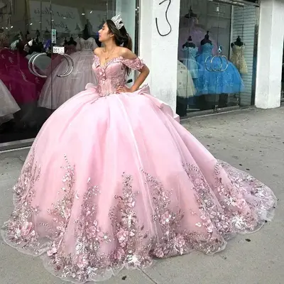 Rosa Quinceanera Kleider 3D Blumen Herzausschnitt süß 15 16 Mädchen Ballkleid