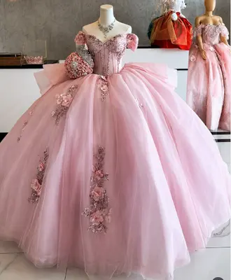 Rosa Quinceanera Kleider 3D Blumen Schulterfrei Perlen Süß 16 Ballkleid