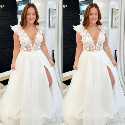 Strand Brautkleid Seitenschlitz tiefer V-Ausschnitt Spitze Applikationen Sweep