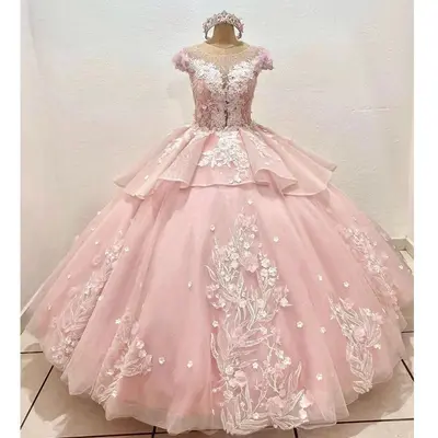Luxus Rosa Quinceanera Kleider Süß 16 Blumen Spitze Kristall Perlenstickerei