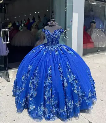 Königsblau Quinceanera Kleider Perlen Schulterfrei Süß 15 16 Ballkleider