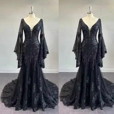 Meerjungfrau Gothic Brautkleider schwarz Pailletten V-Ausschnitt rückenfrei
