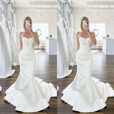 Meerjungfrau Satin Brautkleider Trägerlos Weiß Elfenbein Sweep Schleppe