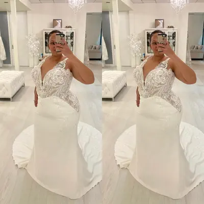 Brautkleider Übergröße Meerjungfrau sexy V-Ausschnitt Spitze Schleppe