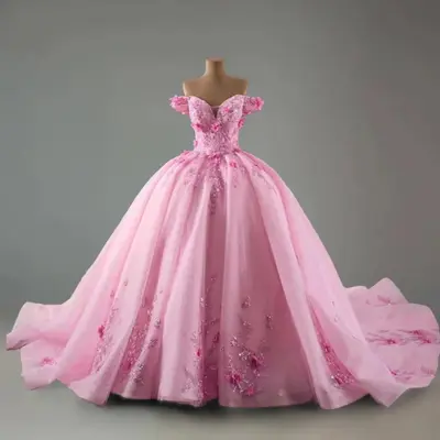 Rosa Quinceanera Kleider Schulterfrei 3D Blumen Süß 15 16 Party Ballkleid