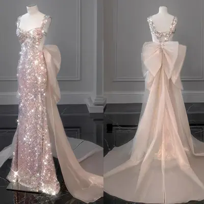 Meerjungfrau Ballkleid rosa mit abnehmbarer Schleife Pailletten formell Party