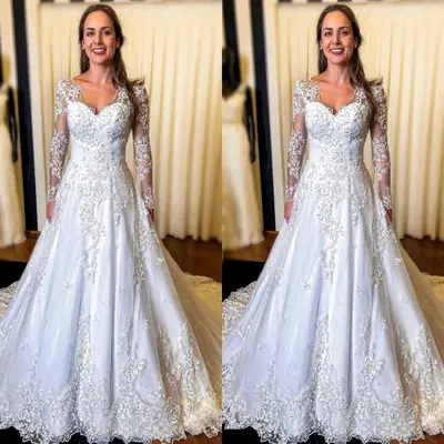 Exquisite Brautkleider Spitzen Applikationen Langarm A Linie V Ausschnitt
