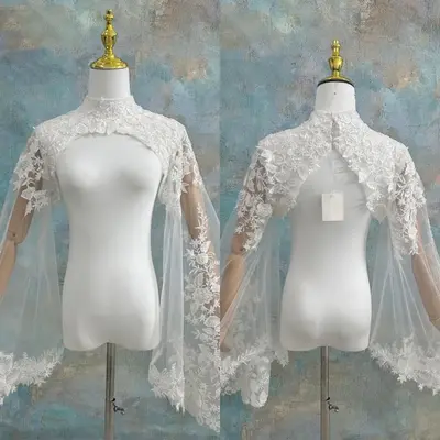 Hochzeitsjacke Spitze Applikationen Langarm Braut Bolero hochgeschlossen