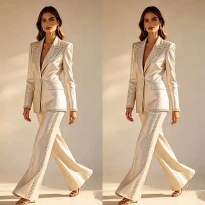 Mode Seide Satin Frauen Anzüge Perlen Strass Abend Party Damen Outfit