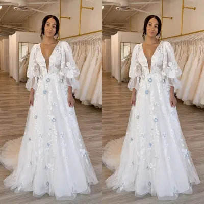 Fee Brautkleider V-Ausschnitt Langarm Blumen Applikationen Boho Brautkleid