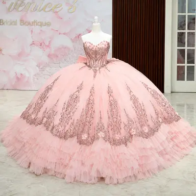 Luxus Rosa Quinceanera Kleider Herzausschnitt 3D Blumen mit Schleife Party