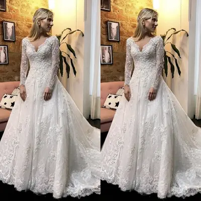 Exquisite Brautkleider V-Ausschnitt Langarm A-Linie Sweep Schleppe Brautkleid