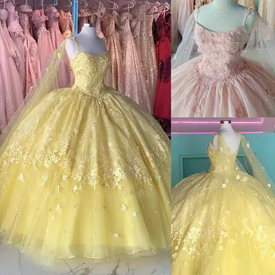 Gelbe Quinceanera Kleider Ballkleid Party mit Cape 3D Blumen süß 15 16