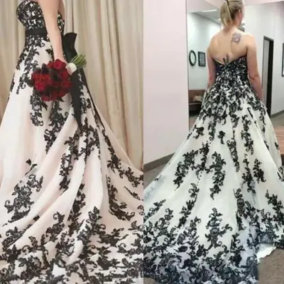 Gothic Brautkleider schwarz weiß Spitze Applikation rückenfrei Brautkleid