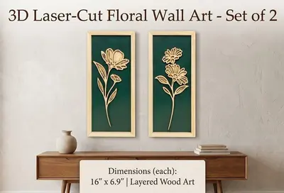 Wanddeko Holz Blumen 2er Set, fertig zum Aufhängen Boho Landhaus Deko NEU