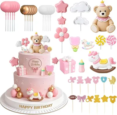 40 Stck. Rosa Bär Tortenaufleger Dekorationen für Babyparty NEU