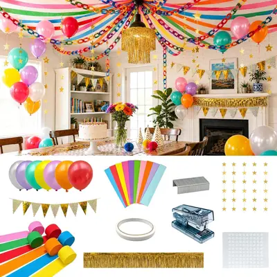 Regenbogen Papierkette Girlande Set, Krepppapier, Sternengirlande & Luftballons