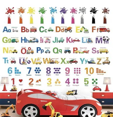 Alphabet Zahlen Buchstaben ABC Autos Transport Wandtattoo Aufkleber leuchtende