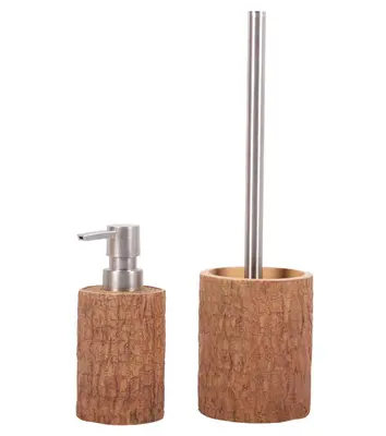 BADEZIMMER SET SEIFENSPENDER MIT WC BÜRSTE BÜRSTENGARNITUR BRAUN SET RUSTIKAL