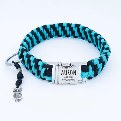 Paracord Hundehalsband AURON personalisiert | Gravur Schnalle Metall | Schwarz T