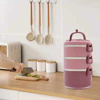 3-lagige Rosa Stapelbare Lunch Box aus Edelstahl Isolierter Lebensmittelbehälter – neu – Möbel – Foto 1 von 5