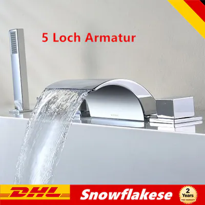 Badewannenarmatur Handbrause Wannenrand Armatur Wasserfall Chrom Kit 5 Loch Set – neu – Dusch & Bad – überwiegend silber…