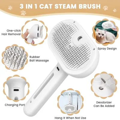 Katzen Dampfbürste, 3 in 1 Dampfbürste mit Entriegelungsknopf und Tank, – gebraucht, gut – Sonstiges – überwiegend weiß…