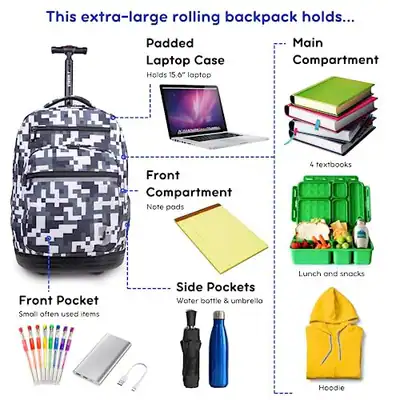 J WORLD SUNDANCE LAPTOP-ROLLRUCKSACK FÜR MÄDCHEN JUNGEN. ROLLER BOOKBAG MIT - – neu – Sonstiges – überwiegend weiß – Foto 1…