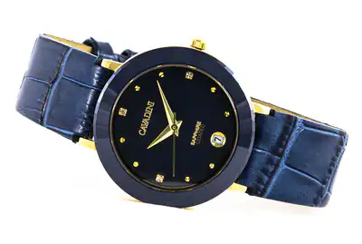 Damenuhr CAVADINI Edelstahl mit Keramik Lünette blau vergoldet Luxus 33mm – gebraucht, wie neu – Uhren & Schmuck – Foto 1…