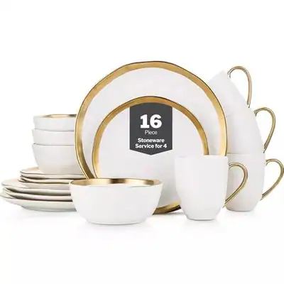 STONE LAIN FLORIAN MODERN PORECLAIN 16-TEILIGES GESCHIRRSET, - WEISS/GOLDRAND – neu – Möbel – Foto 1 von 5