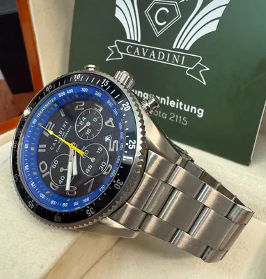 Herrenuhr Chronograph CAVADINI Solaruhr Edelstahl 10Bar CV-2015 Datum blau – gebraucht, wie neu – Uhren & Schmuck – Foto 1…