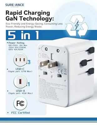 SUREANCE 67W UNIVERSAL REISEADAPTER MIT USB C, SUREANCE WORLD - WEISS – gebraucht, gut – Sonstiges – Foto 1 von 5