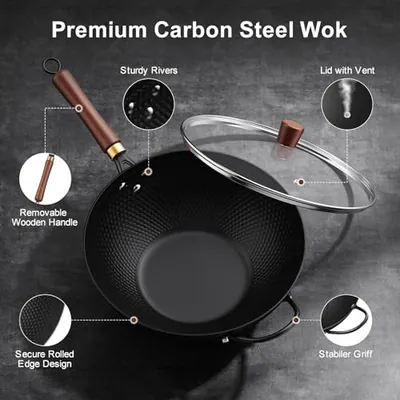 Todlabe Wok mit Deckel, 13 Zoll Kohlenstoffstahl Woks & Pfannen Antihaft – neu – Möbel – überwiegend dunkelgrün – Foto 1…