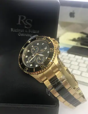 Herrenuhr Chronograph Edelstahl mit Keramik schwarz vergoldet Richter & Söhne – neu – Uhren & Schmuck – Foto 1 von 5