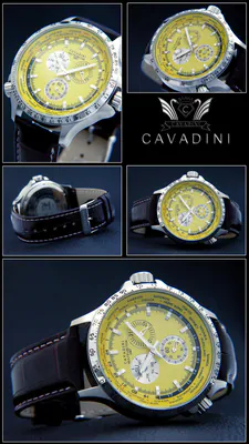 CAVADINI Herrenuhr Kalenderuhr CV-1605 Edelstahl drehbarer GMT-Innenring gelb – gebraucht, wie neu – Uhren & Schmuck