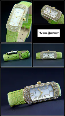 Längliche Damen Armbanduhr Yves Bertelin, Edelstahl mit Simili-Steinen, grün – gebraucht, wie neu – Uhren & Schmuck